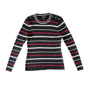 St John For Nordstrom Ribbed Black Red Taupe Striped Sweater Large Quiet Luxury
